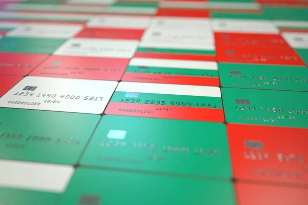 Bandera de Bulgaria en tarjetas bancarias de plástico. Renderización 3D relacionada con la banca nacional —  Fotos de Stock