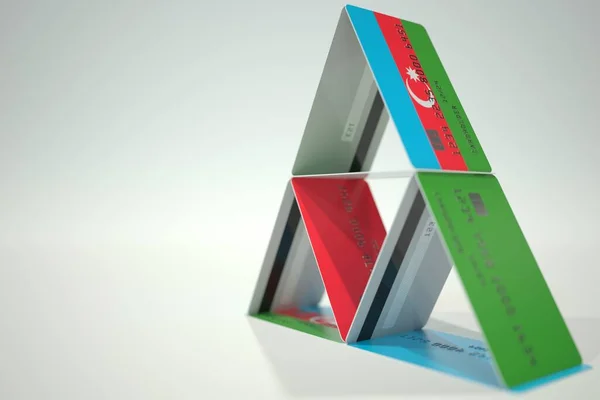 Bandera de Azerbaiyán en casa de tarjetas de banco de plástico, datos ficticios. Inestabilidad financiera relacionada con la representación 3D — Foto de Stock