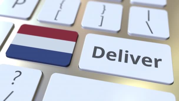 Livrer le texte et le drapeau des Pays-Bas sur le clavier de l'ordinateur. Logistique liée animation 3D — Video