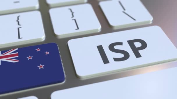 ISP lub Internet Service Provider tekst i flaga Nowej Zelandii na klawiaturze komputera. Animacja 3D związana z krajowymi usługami dostępu do sieci — Wideo stockowe
