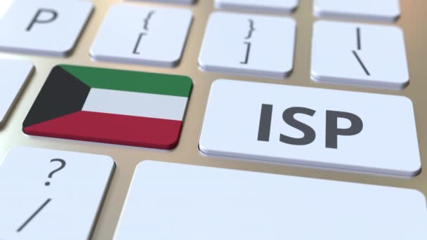 ISP or Internet Service Provider text and flag of Kuwait on the computer keyboard. National web access service related 3D animation — Stock Video