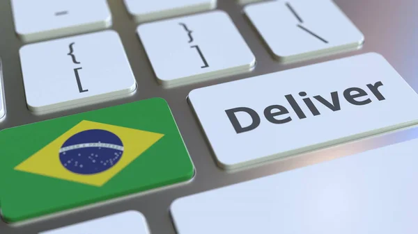 Deliver text and flag of Brazil on the computer keyboard. Logistics related 3D rendering — Stock Photo, Image