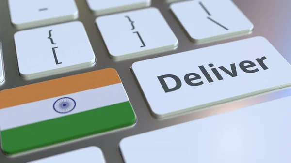 Entregue texto e bandeira da Índia no teclado do computador. Logística relacionada com a renderização 3D — Fotografia de Stock