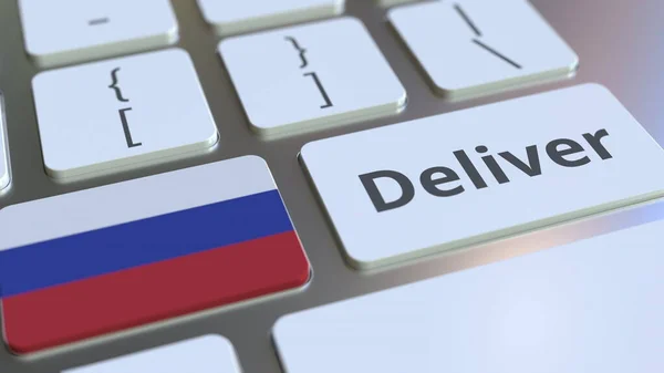 Deliver text and flag of Russia on the computer keyboard. Logistics related 3D rendering — Stock Photo, Image