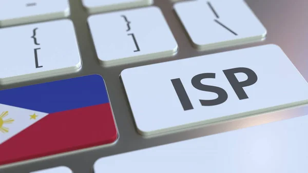 ISP o Internet Service Provider texto y la bandera de Filipinas en el teclado del ordenador. Renderizado 3D relacionado con el servicio nacional de acceso web — Foto de Stock