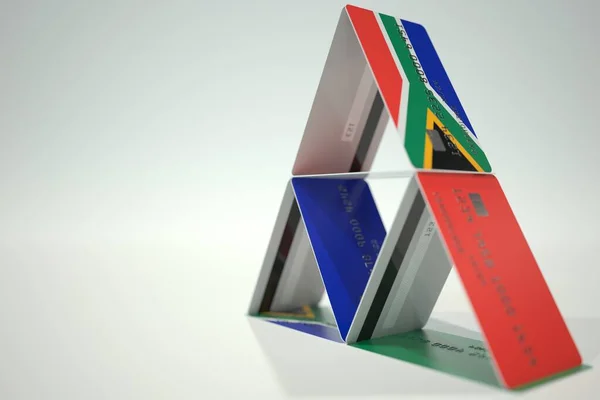 Bandeira nacional da África do Sul em casa de cartão bancário, dados fictícios. Decisões financeiras arriscadas relacionadas com a renderização 3D — Fotografia de Stock