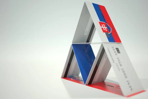 Bandera nacional de Eslovaquia en casa de tarjeta de crédito, datos ficticios. Decisiones financieras riesgosas relacionadas con la representación 3D —  Fotos de Stock