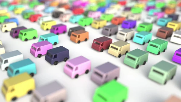 Traffico stradale congestionato di furgoni commerciali multicolore che trasportano merci, rendering 3D — Foto Stock