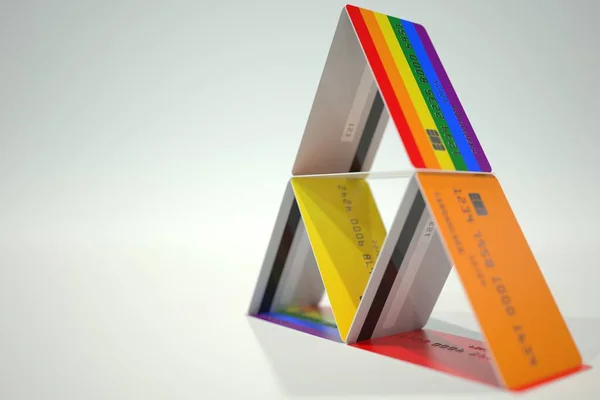 Радужный флаг ЛГБТК в доме с банковскими картами, вымышленные данные. 3D рендеринг — стоковое фото