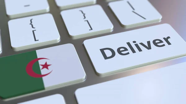 Entregar texto y bandera de Argelia en el teclado de la computadora. Logística relacionada con renderizado 3D — Foto de Stock