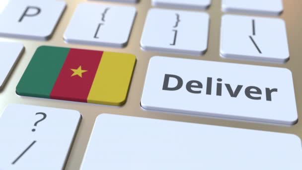 Dostarcz tekst i flagę Kamerunu na klawiaturze komputera. Logistyka związana animacja 3D — Wideo stockowe