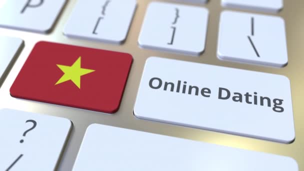 Online Incontri testo e bandiera del Vietnam sulla tastiera. Animazione 3D concettuale — Video Stock