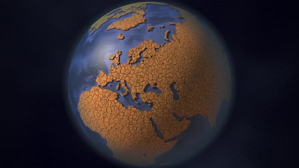 Europa, het Midden-Oosten, Azië en Afrika bedekt met droge gebarsten aarde. Klimaatverandering en conceptueel 3D-animarion in verband met de opwarming van de aarde — Stockvideo