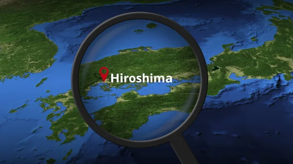 Loupe encontra cidade de Hiroshima no mapa, renderização 3d — Fotografia de Stock