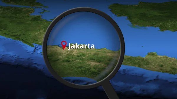 Jakarta cidade sendo encontrada no mapa, 3d renderização — Fotografia de Stock