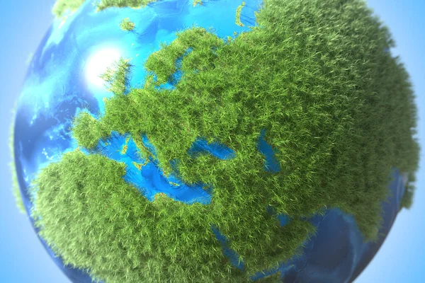 ヨーロッパ大陸は世界中の緑の草で覆われている。生態学的に持続可能な技術関連の概念3Dレンダリング — ストック写真