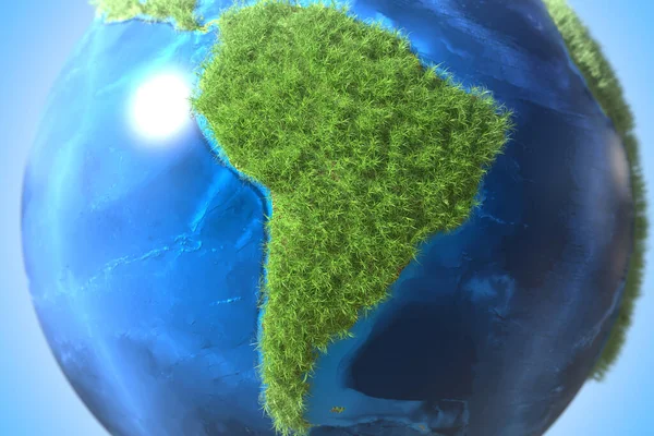 Южноамериканский континент покрыт зеленой травой на земном шаре. Экология концептуального 3D рендеринга — стоковое фото