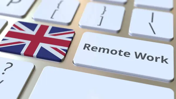 Remote Work text och flagga Storbritannien på datorns tangentbord. Telekommunikations- eller distansarbetsrelaterad begreppsmässig 3D-rendering — Stockfoto