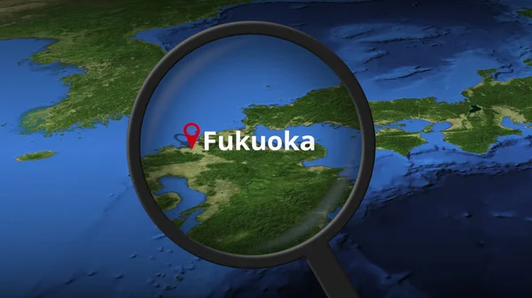 Förstoringsglas hittar Fukuoka stad på kartan, 3D-rendering — Stockfoto