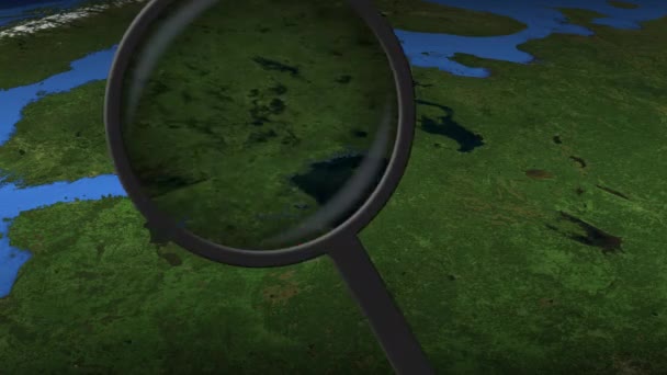 Magnifying glass finds Saint Petersburg city on the map, 3d rendering — Stock Video