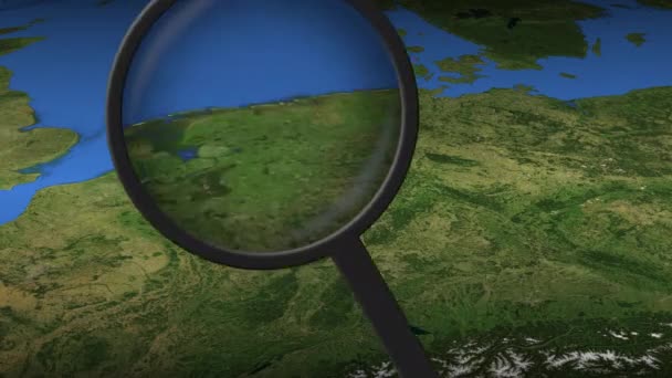 Loupě najde město Kolín nad Rýnem na mapě, 3D vykreslování — Stock video