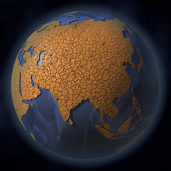 Continent of Asia covered with dry cracked earth. Disastrous climate change and global warming related conceptual 3d rendering — Stock Photo, Image