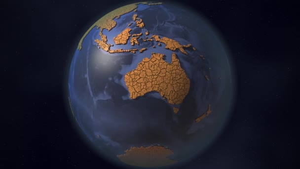 Continent Australië bedekt met droge gebarsten aarde. Rampzalige klimaatverandering en conceptuele 3d-animarion in verband met de opwarming van de aarde — Stockvideo