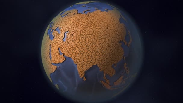 Continent of Asia covered with dry cracked earth. Disastrous climate change and global warming related conceptual 3d animarion — Stock Video