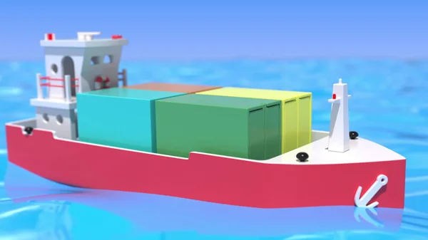 Игрушечное грузовое судно поставляет разноцветные контейнеры с товарами. Концептуальный рендеринг морского транспорта или морского транспорта — стоковое фото