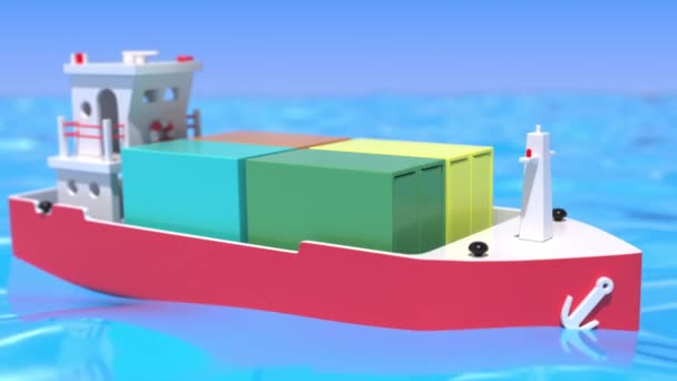 Buque de carga de juguete entrega contenedores multicolor con mercancías. Transporte marítimo o transporte marítimo conceptual looping 3d animación — Vídeos de Stock