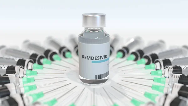Vial médico con medicamento genérico REMDESIVIR, una posible vacuna contra la enfermedad coronavirus COVID-19, y jeringas. Renderizado 3D —  Fotos de Stock