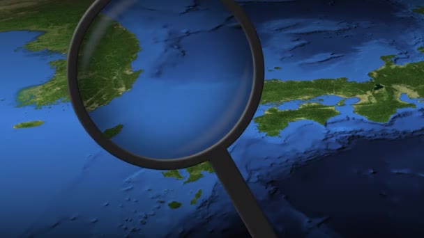 Förstoringsglas hittar Fukuoka stad på kartan, 3D-rendering — Stockvideo