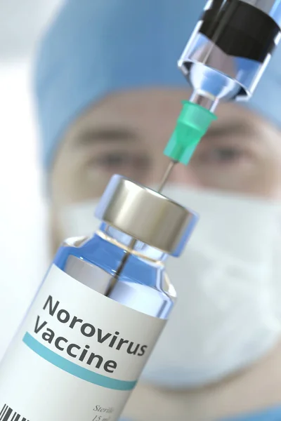 Medizinische Flasche mit Norovirus-Impfstoff und Spritze gegen verschwommenes Arztgesicht, 3D-Rendering — Stockfoto