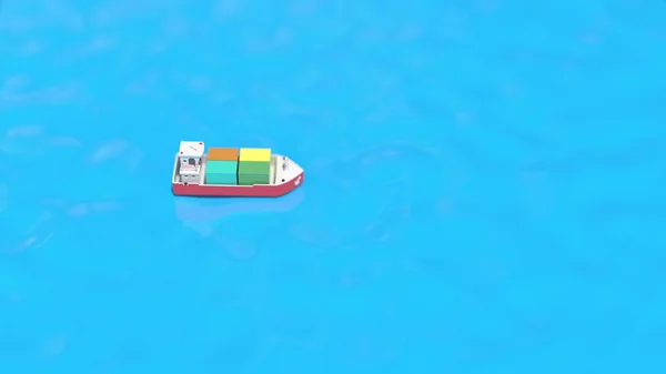 Zabawka statek porusza się na morzu, koncepcyjny 3d renderowania — Zdjęcie stockowe
