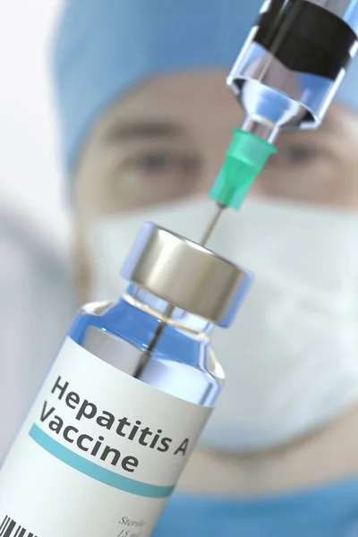 Injektionsflaska av glas med hepatit A vaccin och nål av en spruta mot suddiga läkares ansikte. 3D-rendering — Stockfoto