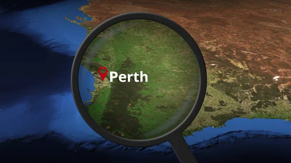 Loupe hittar Perth stad på kartan, 3D-rendering — Stockfoto