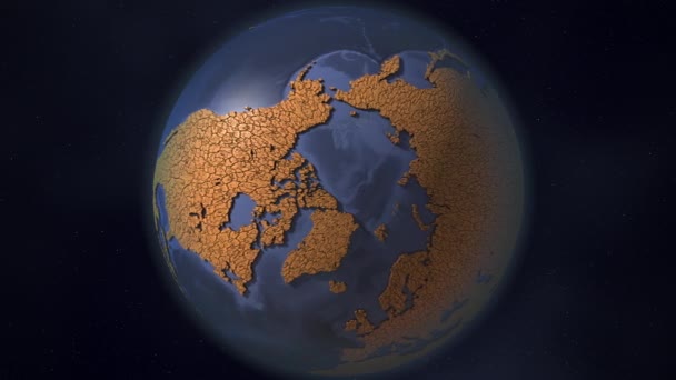 Continenten bedekt met droge gebarsten aarde, Noordpool uitzicht. Rampzalige klimaatverandering en conceptuele 3d-animarion in verband met de opwarming van de aarde — Stockvideo