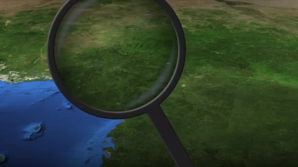 Magnifying glass finds Douala city on the map, 3d rendering — Stock Video
