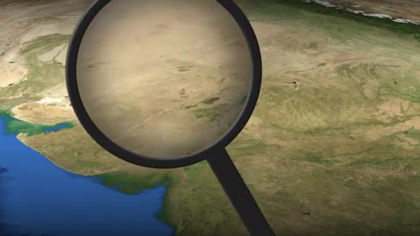 Magnifying glass finds Ahmedabad city on the map, 3d rendering — Stock Video