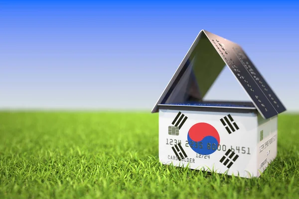 Jihokorejská vlajka na plastové bankovní kartě v trávě. 3D vykreslování související s hypotékou — Stock fotografie