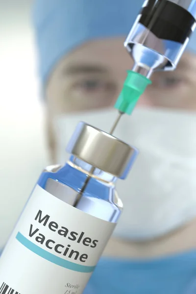 Frasco médico com vacina contra o sarampo e seringa contra o rosto dos médicos desfocados, renderização 3D — Fotografia de Stock