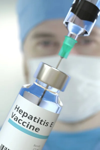 Frasco médico con vacuna contra la hepatitis E y jeringa contra la cara borrosa de los médicos, representación 3D — Foto de Stock