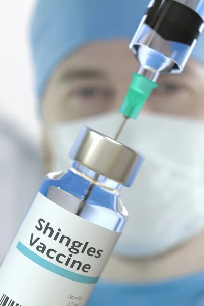 Флакон с опоясывающей вакциной и иглой шприца против размытого лица врача. 3D рендеринг — стоковое фото