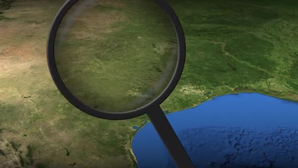 Луп находит город Остин на карте, 3D рендеринг — стоковое видео