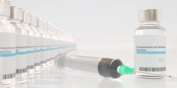 Vials mit Pneumokokken-Impfstoff und Spritze. 3D-Rendering — Stockfoto