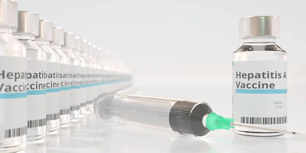 Glasflaschen mit Hepatitis-A-Impfstoff und einer Spritze. 3D-Rendering — Stockfoto