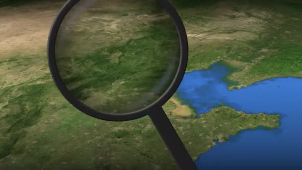 Förstoringsglas hittar Tianjin stad på kartan, 3D-rendering — Stockvideo