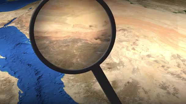 Förstoringsglas hittar Medina stad på kartan, 3D-rendering — Stockvideo