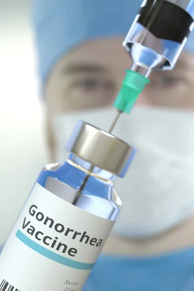 Fläschchen mit Gonorrhoe-Impfstoff und Spritze gegen verschwommenes Ärztegesicht. 3D-Rendering — Stockfoto