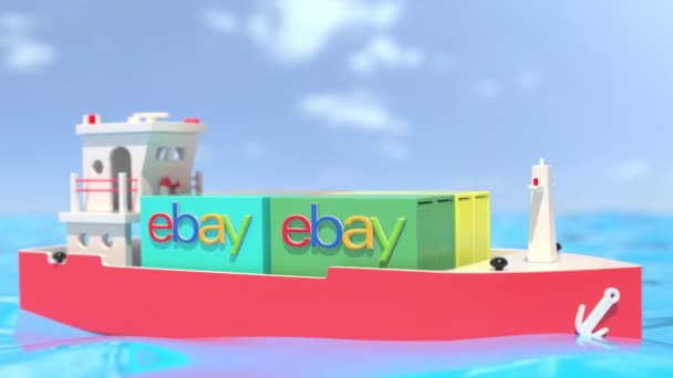 O navio de carga de brinquedo entrega contêineres com logotipo do eBay. Editorial conceitual looping 3d animação — Vídeo de Stock